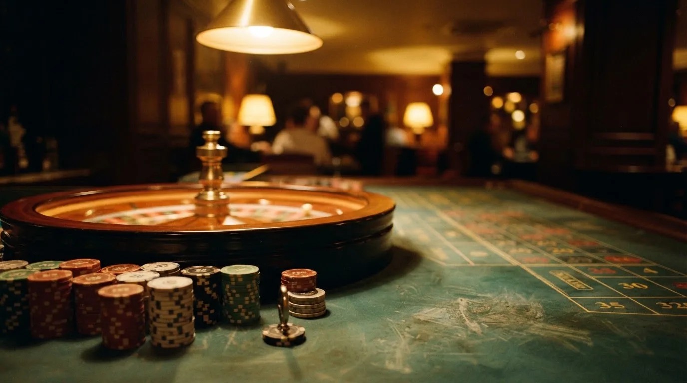 Rulettipyörä ja pelimerkit vihreällä huovalla lämpimässä iltavalossa — casino ventti