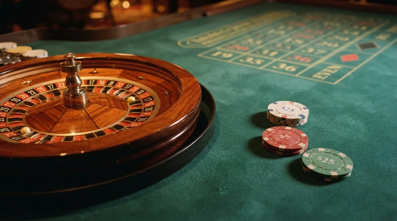 Rulettipyörä ja pelimerkit vihreällä huovalla lämpimässä iltavalossa — kolikkopelit casino pelit