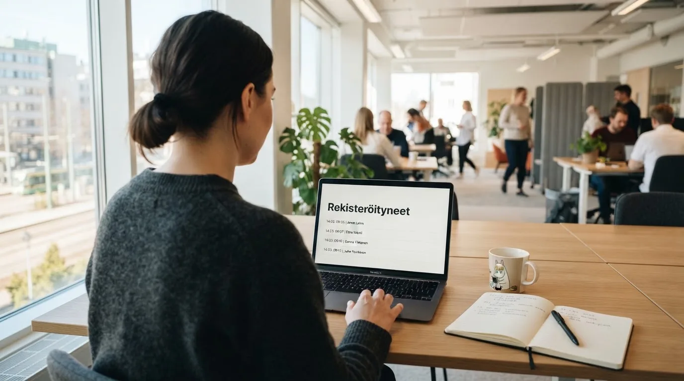 Ryhmä ihmisiä avotoimiston ikkunan äärellä keskustelemassa aamuvalon täyttämässä huoneessa suuren ikkunan edessä.