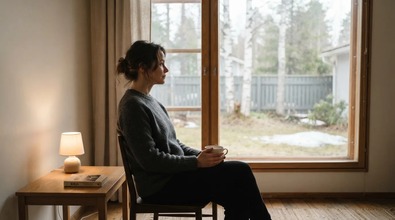 Henkilö istuu ikkunan ääressä teekupin kanssa, katse suunnattuna ulos hiljaiseen pihamaisemaan.