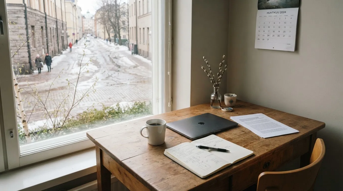 Toimistohuone kevätaamun valossa, kahvikupti pöydällä ja ikkunasta näkyy sulava lumi kadulla.