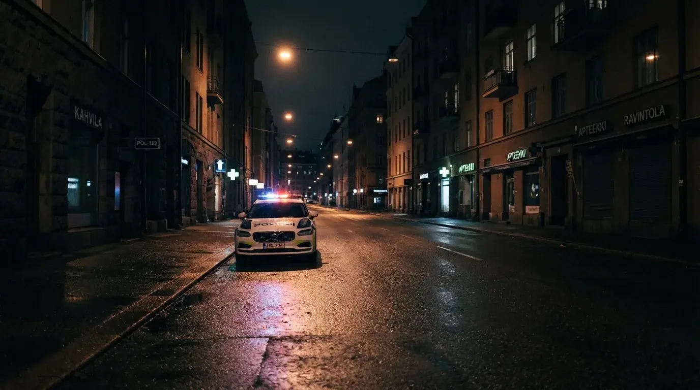Poliisiauto pysäköitynä kadun varrelle iltahämärässä, valot vilkkuvat hiljaisella kaupunkikadulla myöhään illalla ilman muita ihmisiä.